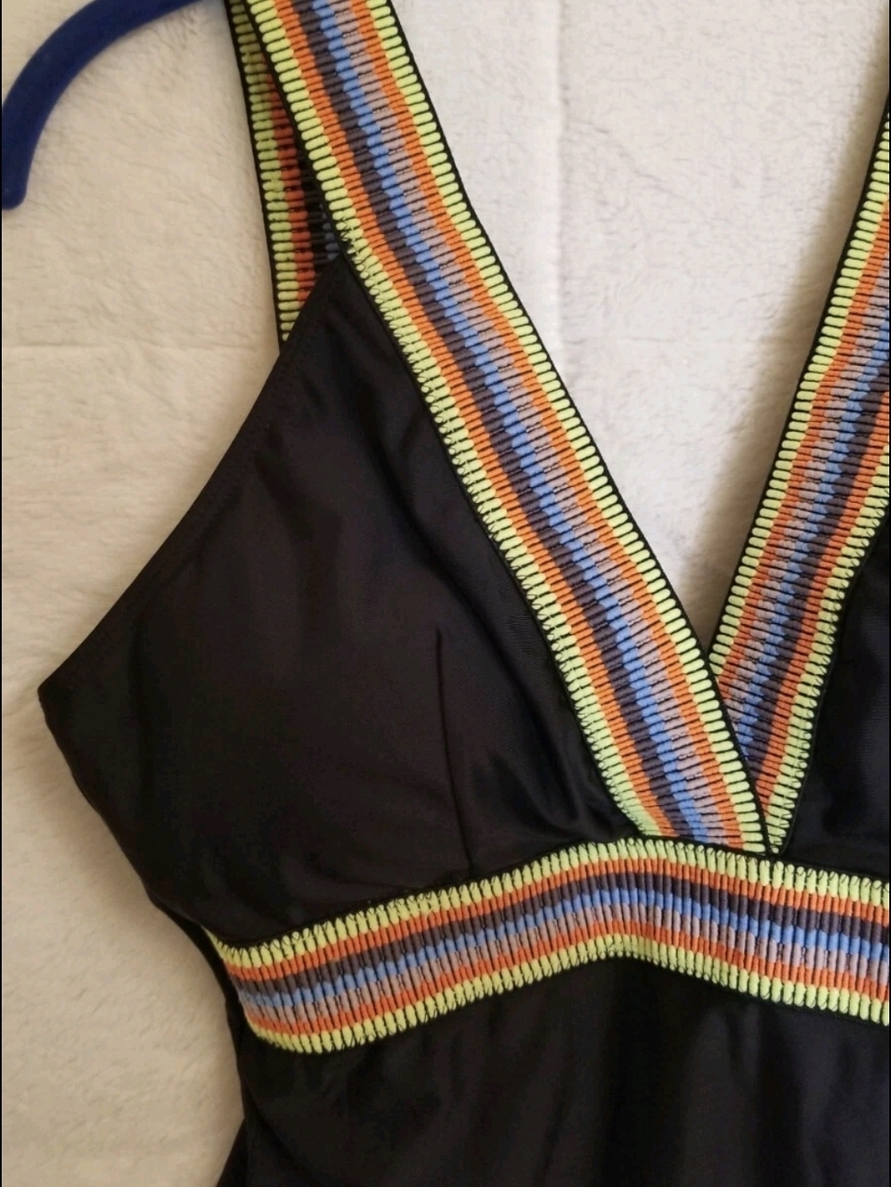 Shein Curve Black One-Piece Swimsuit with Colorful Striped Trim - Picture 8 of 11